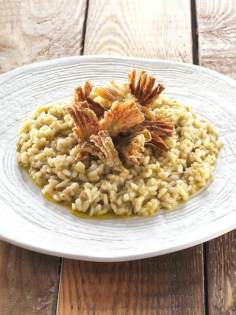 Riso Baldo con carciofi fritti e pesto ai carciofi